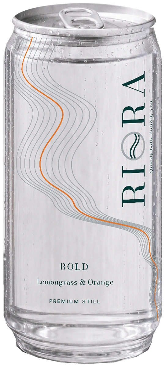 Riora Bold still water in a clear PET can